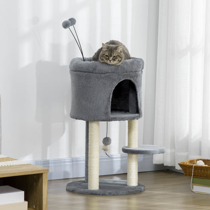 Cat Tree 73.5H cm Cat Scratching Post with Cat Cave and Play Ball Climbing Tree Sisal Pole Cat Toy Plush Gray + Cream White