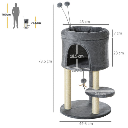 Cat Tree 73.5H cm Cat Scratching Post with Cat Cave and Play Ball Climbing Tree Sisal Pole Cat Toy Plush Gray + Cream White