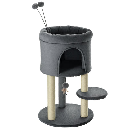 Cat Tree 73.5H cm Cat Scratching Post with Cat Cave and Play Ball Climbing Tree Sisal Pole Cat Toy Plush Gray + Cream White