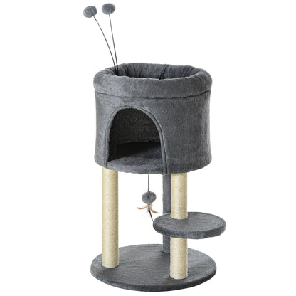 Cat Tree 73.5H cm Cat Scratching Post with Cat Cave and Play Ball Climbing Tree Sisal Pole Cat Toy Plush Gray + Cream White