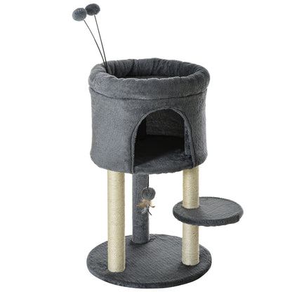 Cat Tree 73.5H cm Cat Scratching Post with Cat Cave and Play Ball Climbing Tree Sisal Pole Cat Toy Plush Gray + Cream White