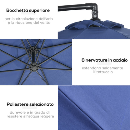 8-Rib Offset Umbrella with Side Crank and Cross Base, Steel and Polyester Garden Umbrella, Ø295x260 cm, Dark Blue