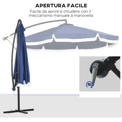8-Rib Offset Umbrella with Side Crank and Cross Base, Steel and Polyester Garden Umbrella, Ø295x260 cm, Dark Blue