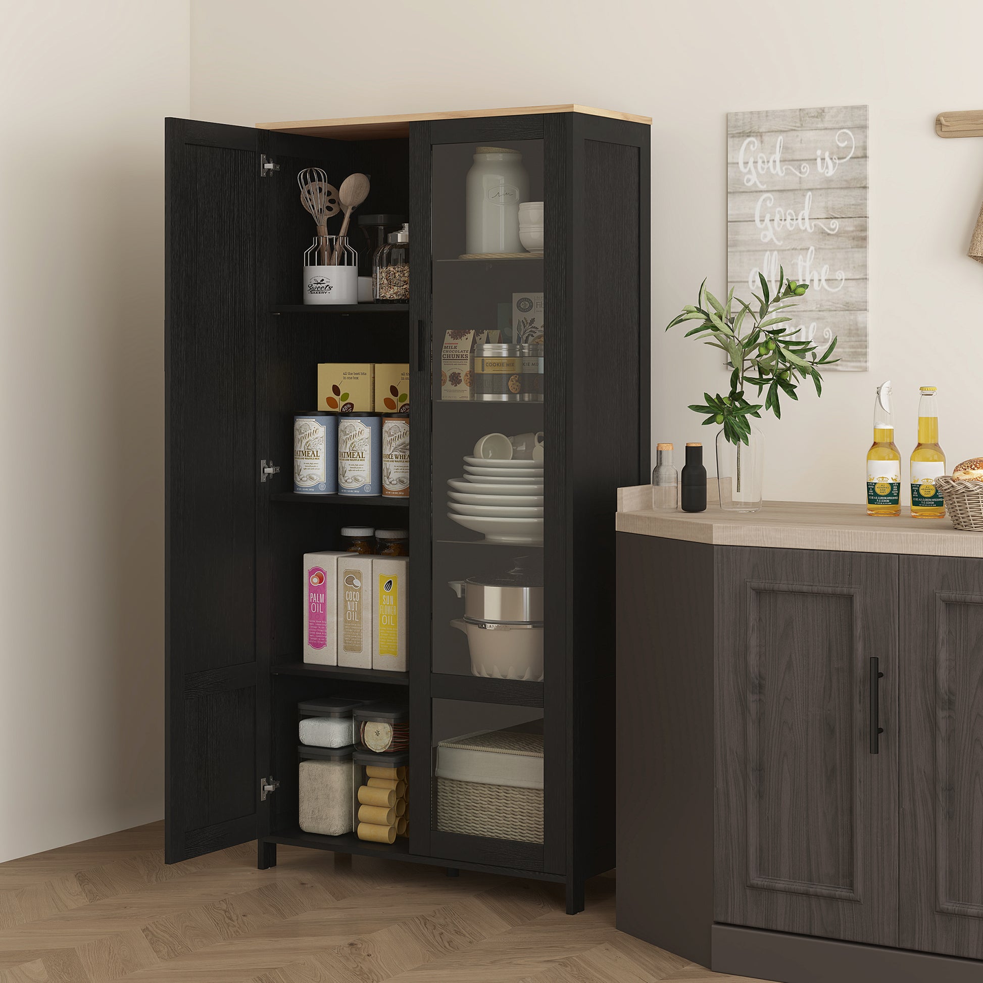 Kitchen Cabinet, Kitchen Buffet, Display Cabinet, Storage Cabinet with 2 Doors including 1 Glass Door - Storage Unit with Adjustable Shelves and 9 Compartments, 76 x 36 x 160 cm - Black