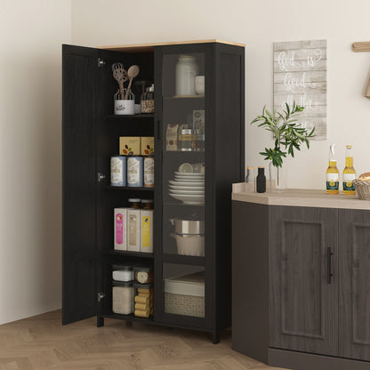 Kitchen Cabinet, Kitchen Buffet, Display Cabinet, Storage Cabinet with 2 Doors including 1 Glass Door - Storage Unit with Adjustable Shelves and 9 Compartments, 76 x 36 x 160 cm - Black