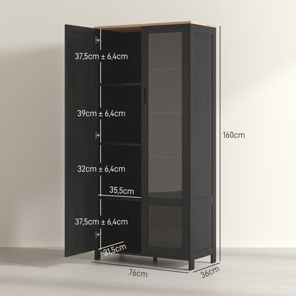 Kitchen Cabinet, Kitchen Buffet, Display Cabinet, Storage Cabinet with 2 Doors including 1 Glass Door - Storage Unit with Adjustable Shelves and 9 Compartments, 76 x 36 x 160 cm - Black
