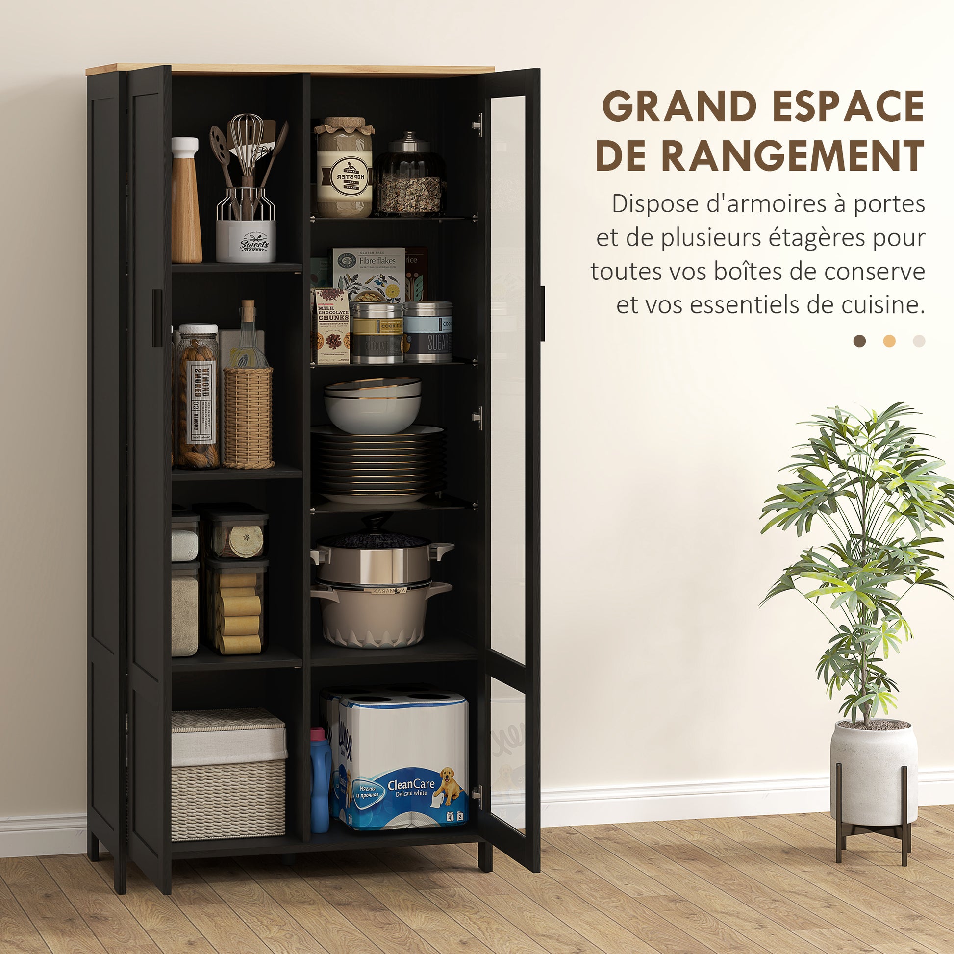 Kitchen Cabinet, Kitchen Buffet, Display Cabinet, Storage Cabinet with 2 Doors including 1 Glass Door - Storage Unit with Adjustable Shelves and 9 Compartments, 76 x 36 x 160 cm - Black