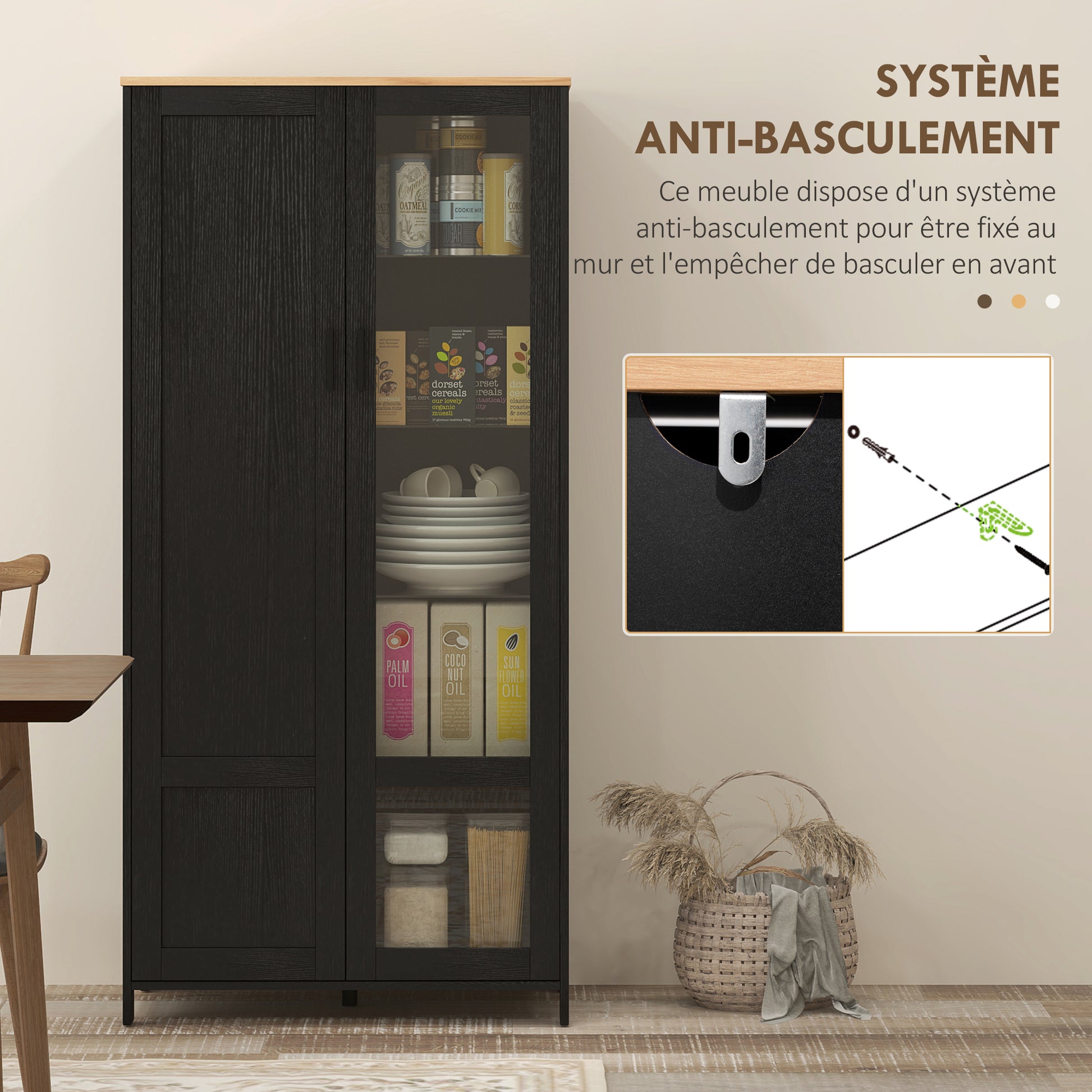 Kitchen Cabinet, Kitchen Buffet, Display Cabinet, Storage Cabinet with 2 Doors including 1 Glass Door - Storage Unit with Adjustable Shelves and 9 Compartments, 76 x 36 x 160 cm - Black
