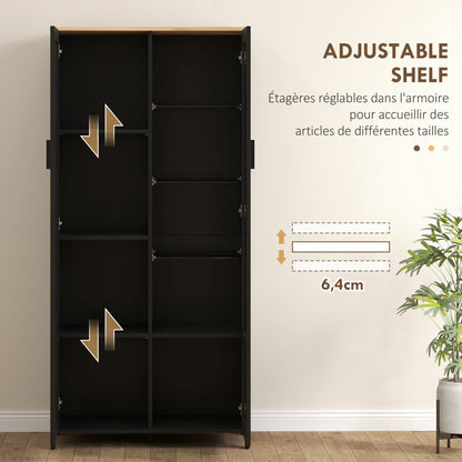 Kitchen Cabinet, Kitchen Buffet, Display Cabinet, Storage Cabinet with 2 Doors including 1 Glass Door - Storage Unit with Adjustable Shelves and 9 Compartments, 76 x 36 x 160 cm - Black