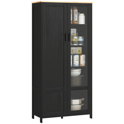 Kitchen Cabinet, Kitchen Buffet, Display Cabinet, Storage Cabinet with 2 Doors including 1 Glass Door - Storage Unit with Adjustable Shelves and 9 Compartments, 76 x 36 x 160 cm - Black