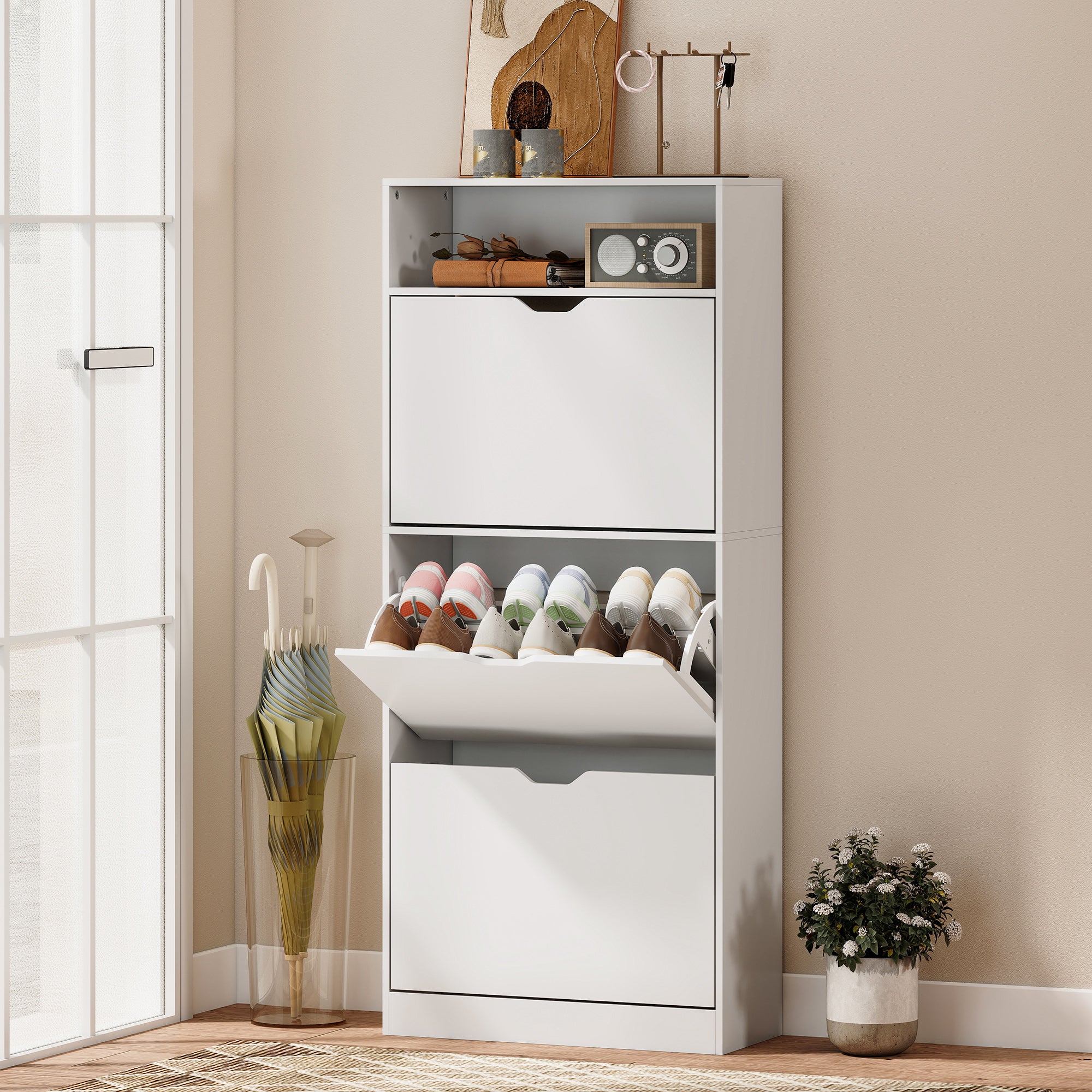 Shoe Cabinet for 12–18 Pairs, Slim Shoe Storage with 3 Tilt-Out Drawers, Open Compartment & Adjustable Shelves, for Hallway & Entry, 60 x 26 x 140 cm (23.6 x 10.2 x 55.1 in), White