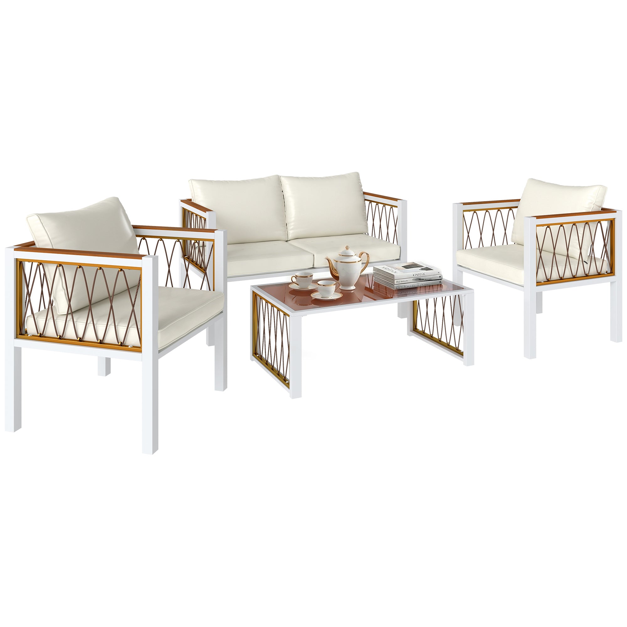 4-Piece Outdoor Rattan Lounge Set — Loveseat, 2 Armchairs & Glass Coffee Table, Removable Cushions, Non-Slip Pads, Balcony/Garden Seating for 4, Cream White