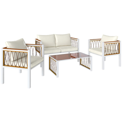 4-Piece Outdoor Rattan Lounge Set — Loveseat, 2 Armchairs & Glass Coffee Table, Removable Cushions, Non-Slip Pads, Balcony/Garden Seating for 4, Cream White