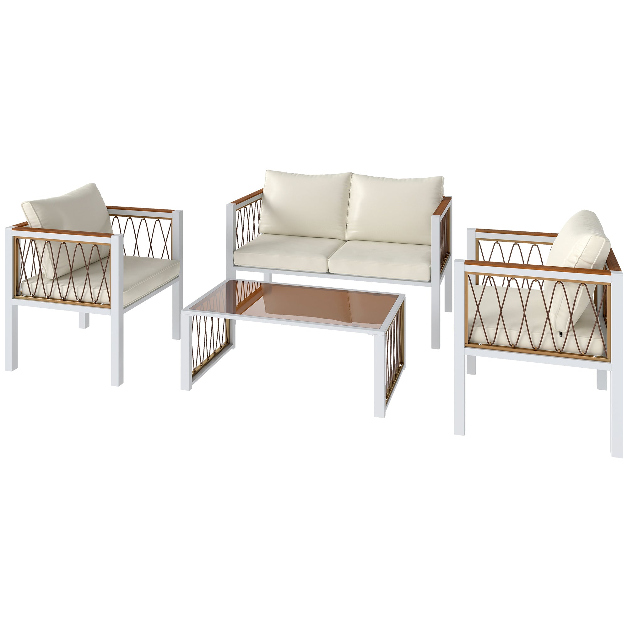 4-Piece Outdoor Rattan Lounge Set — Loveseat, 2 Armchairs & Glass Coffee Table, Removable Cushions, Non-Slip Pads, Balcony/Garden Seating for 4, Cream White