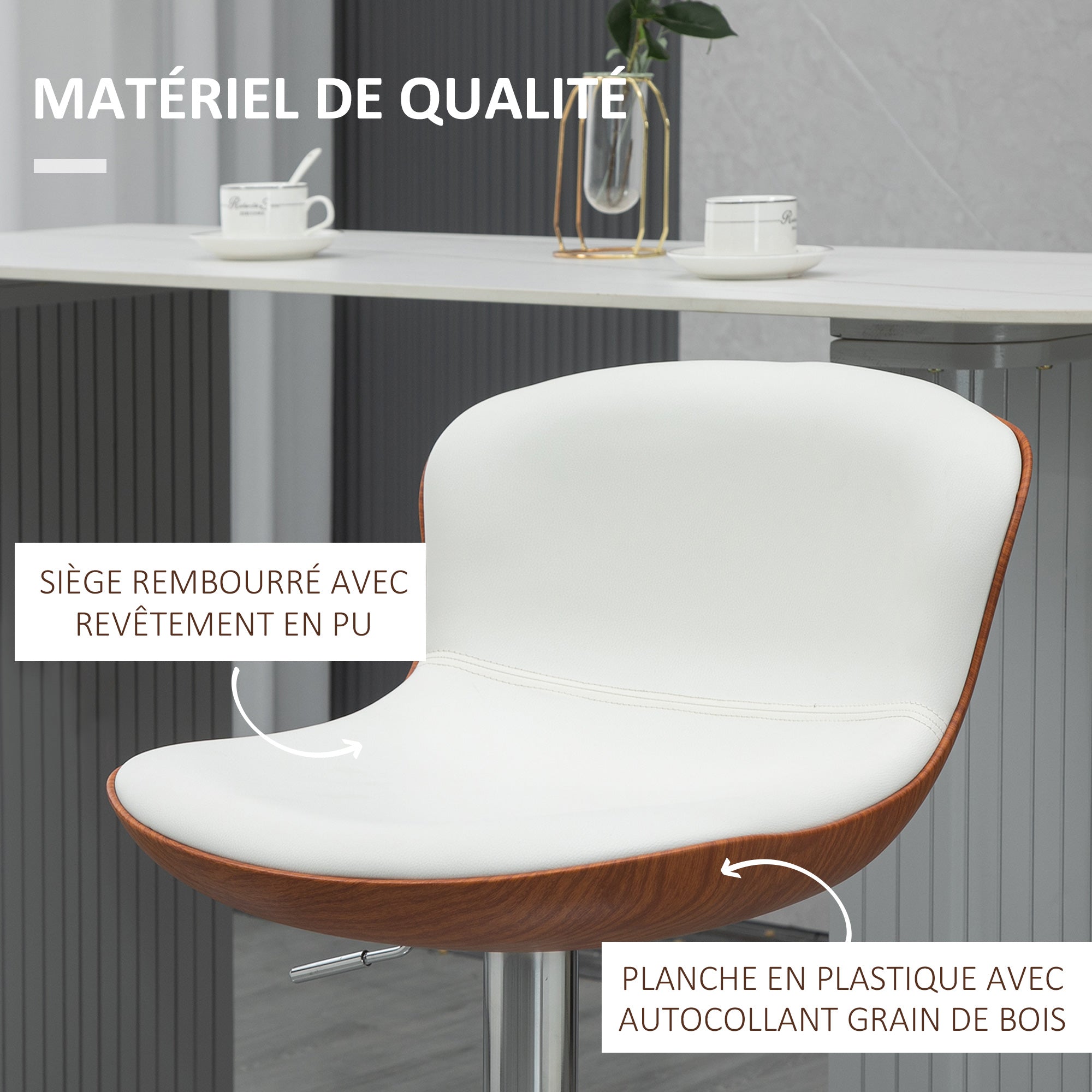 Set of 2 Contemporary Design Bar Stools Adjustable Seat Height 64-85 cm Swivel 360° Synthetic Cover Cream Imitation Wood