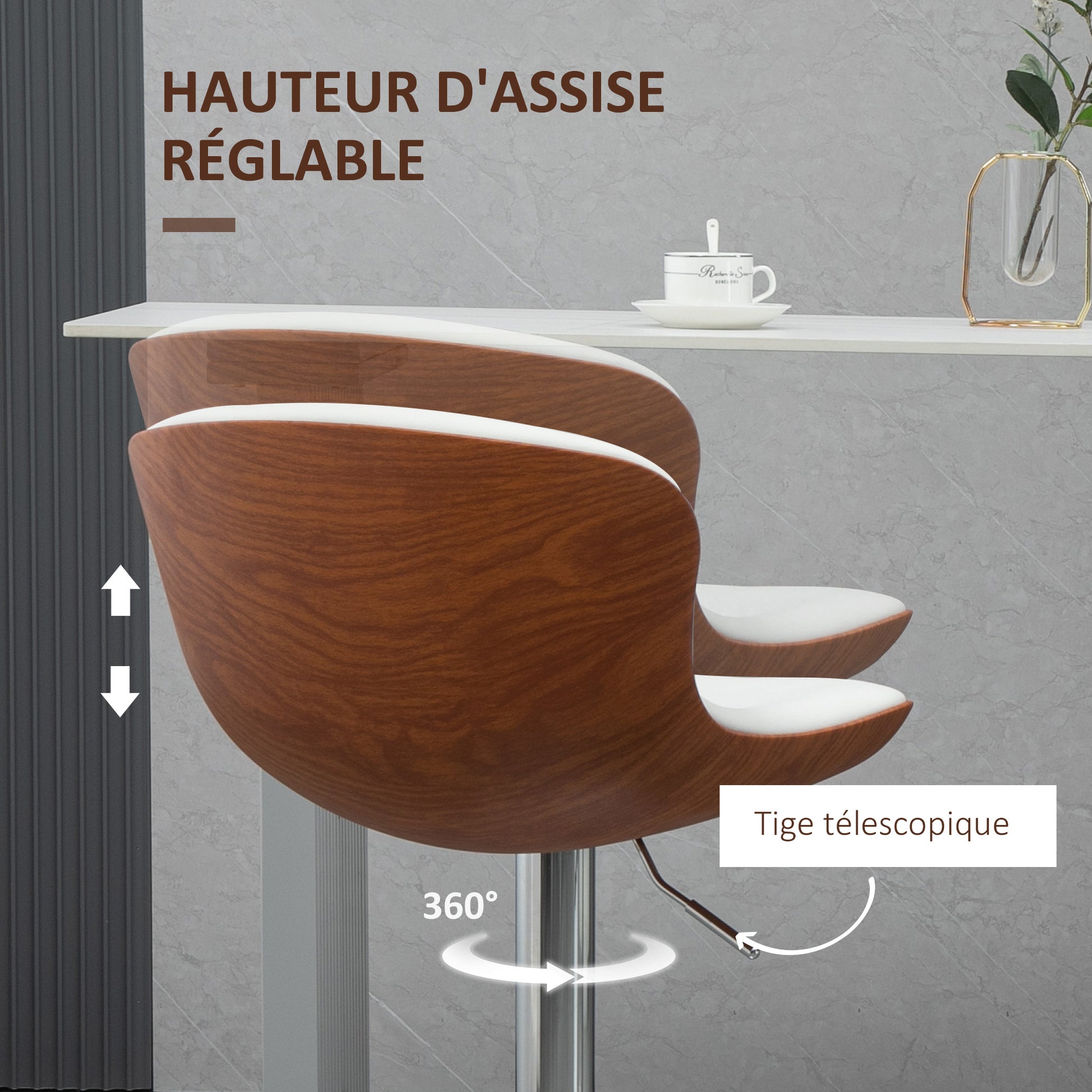 Set of 2 Contemporary Design Bar Stools Adjustable Seat Height 64-85 cm Swivel 360° Synthetic Cover Cream Imitation Wood