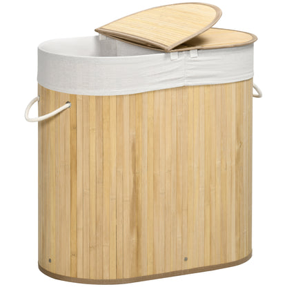 Bamboo Laundry Basket with Lid 100L Laundry Collector with Handles, 2 Removable Laundry Bags, Laundry Sorter Laundry Box for Laundry Room, Bathroom, Bedroom, Natural Wood