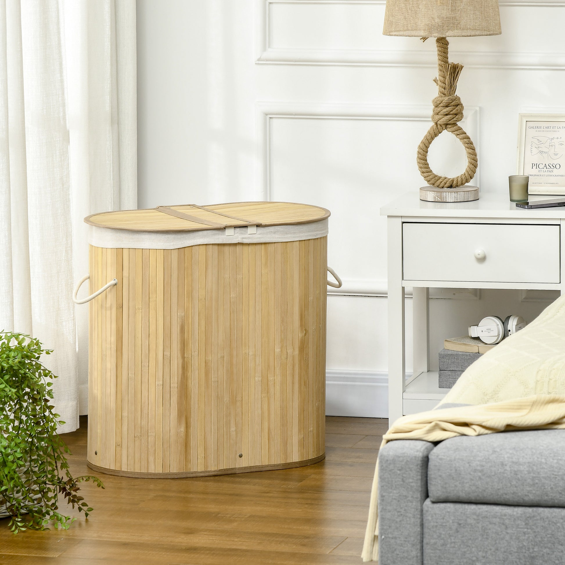 Bamboo Laundry Basket with Lid 100L Laundry Collector with Handles, 2 Removable Laundry Bags, Laundry Sorter Laundry Box for Laundry Room, Bathroom, Bedroom, Natural Wood