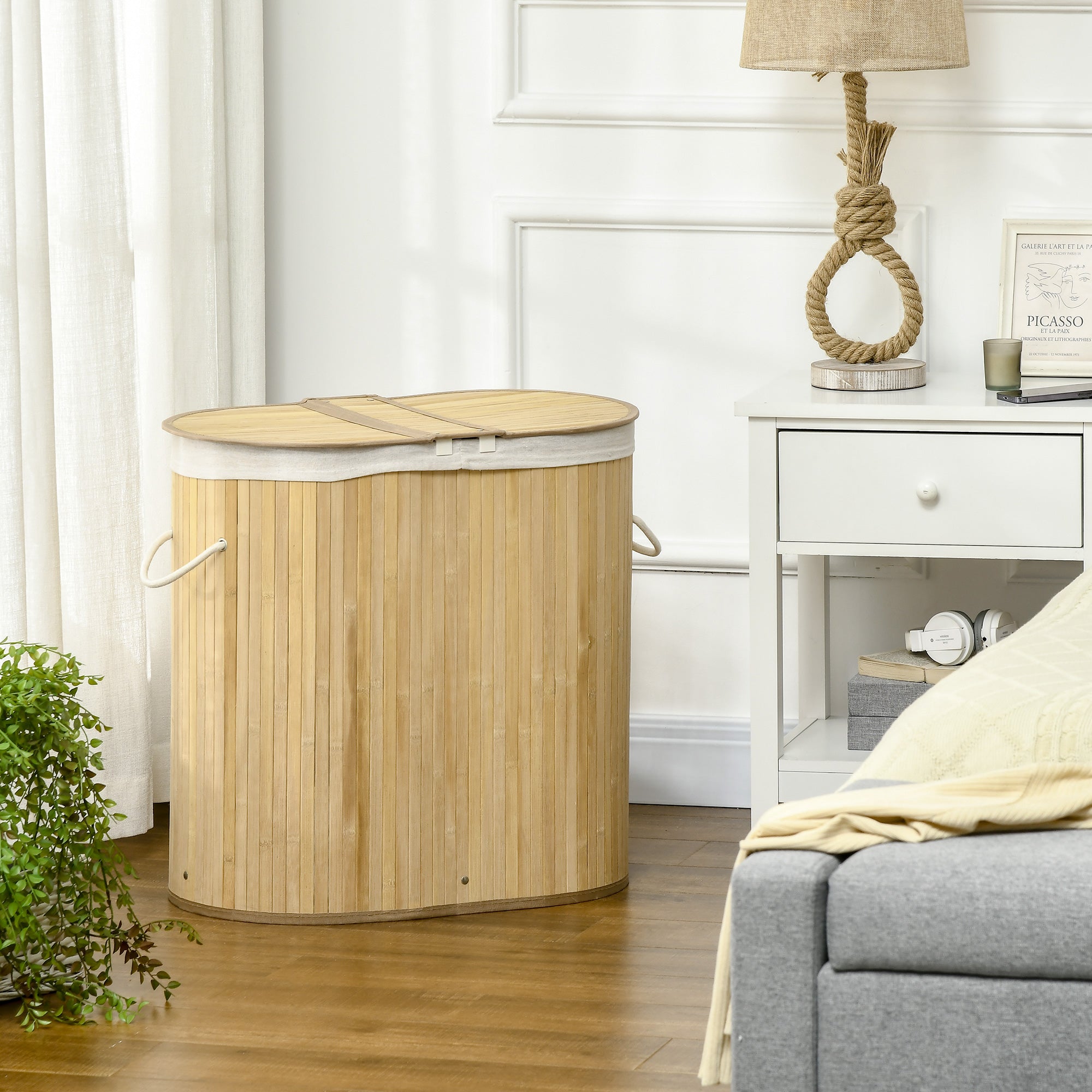 Bamboo Laundry Basket with Lid 100L Laundry Collector with Handles, 2 Removable Laundry Bags, Laundry Sorter Laundry Box for Laundry Room, Bathroom, Bedroom, Natural Wood
