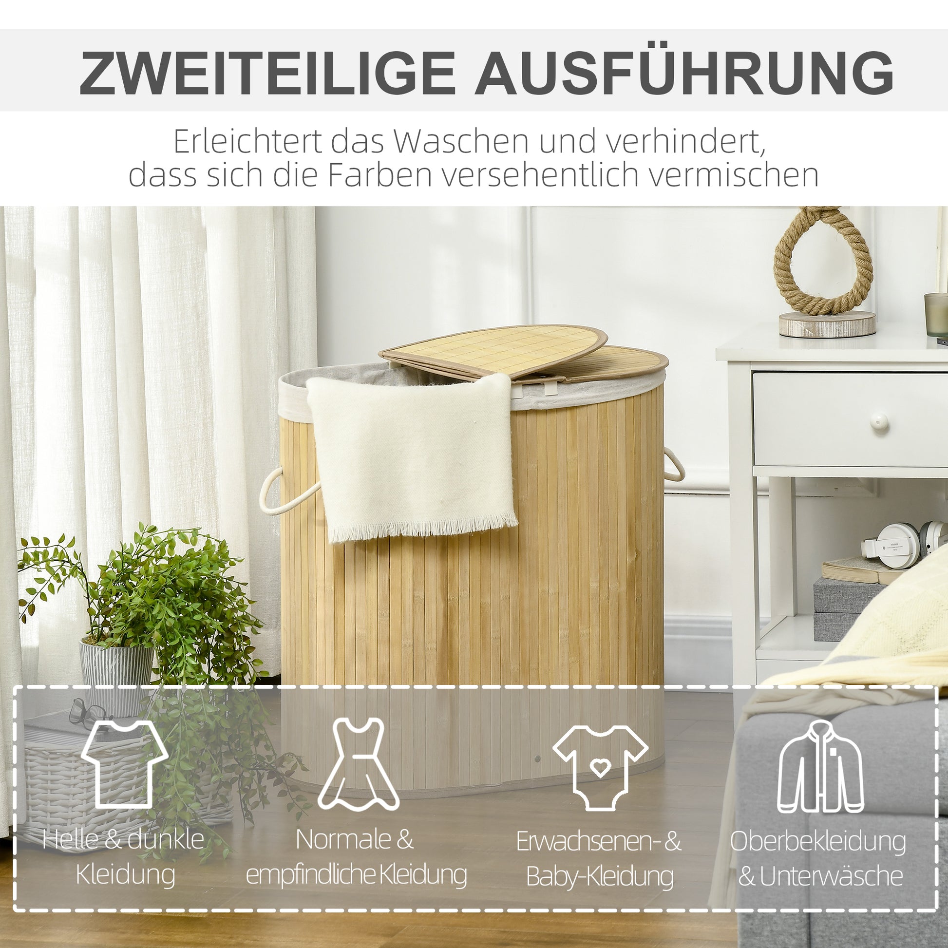 Bamboo Laundry Basket with Lid 100L Laundry Collector with Handles, 2 Removable Laundry Bags, Laundry Sorter Laundry Box for Laundry Room, Bathroom, Bedroom, Natural Wood