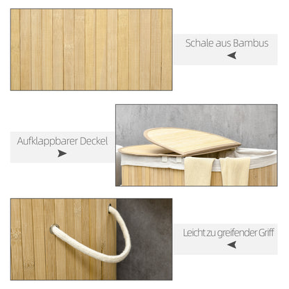 Bamboo Laundry Basket with Lid 100L Laundry Collector with Handles, 2 Removable Laundry Bags, Laundry Sorter Laundry Box for Laundry Room, Bathroom, Bedroom, Natural Wood