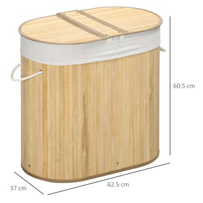 Bamboo Laundry Basket with Lid 100L Laundry Collector with Handles, 2 Removable Laundry Bags, Laundry Sorter Laundry Box for Laundry Room, Bathroom, Bedroom, Natural Wood