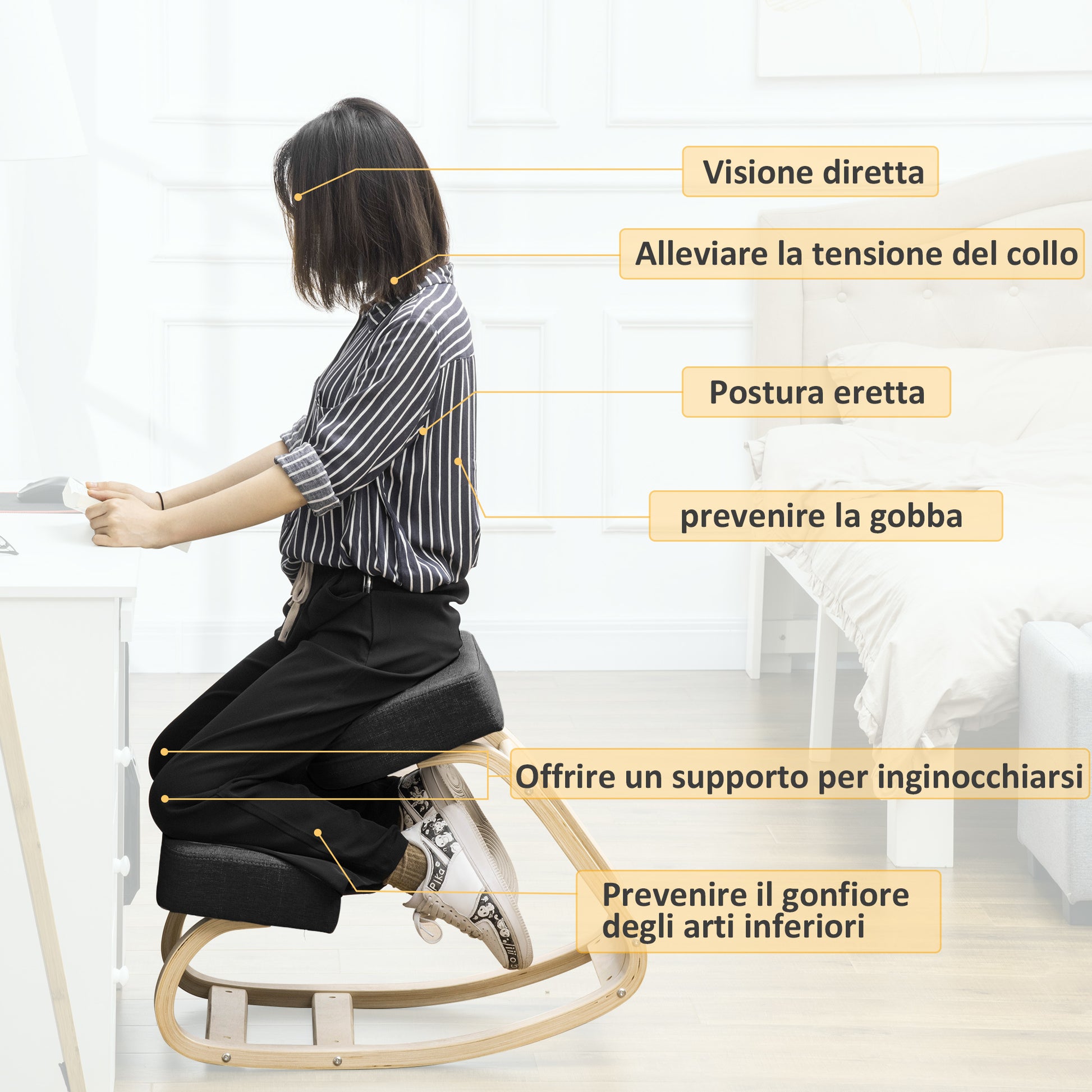 Ergonomic Kneeling Chair with Birch Wood Frame, Foam and Polyester Cushion for Home and Office, Black