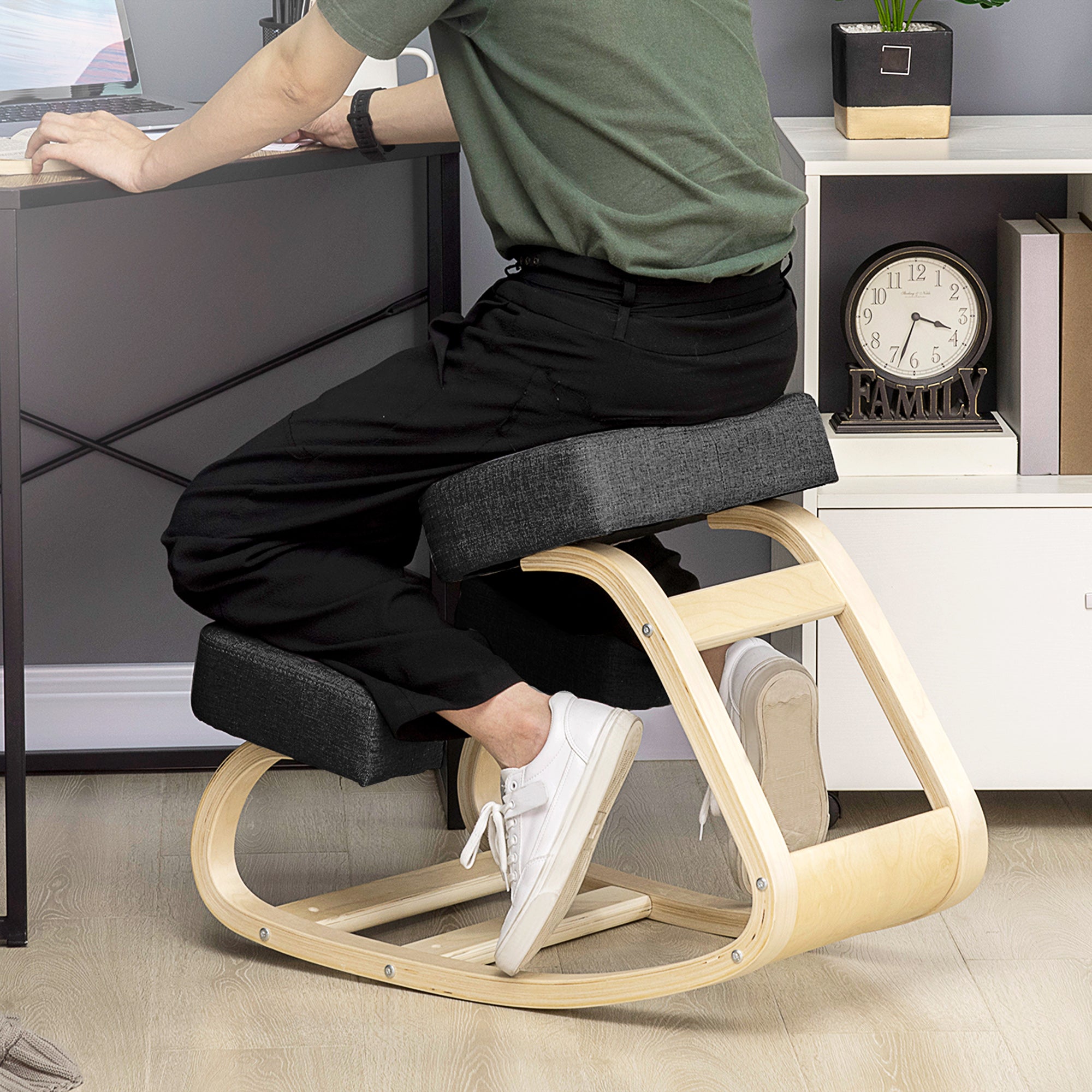 Ergonomic Kneeling Chair with Birch Wood Frame, Foam and Polyester Cushion for Home and Office, Black