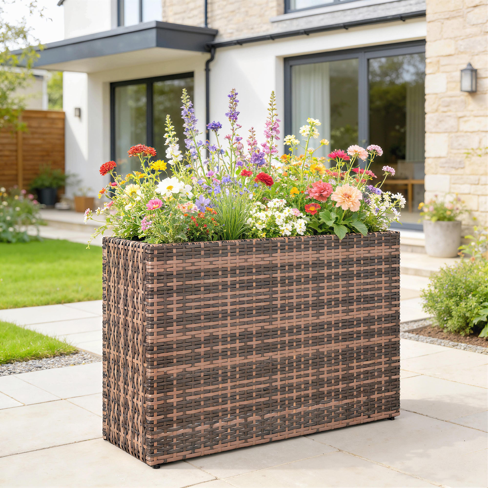 Raised Planter with Adjustable Feet for Terrace & Balcony — PE Rattan, Freestanding Steel Frame with Removable Liner, Brown