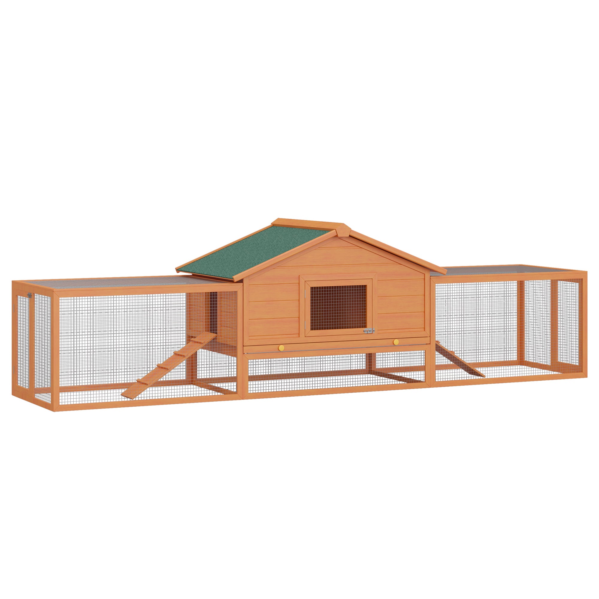 Small Animal Hutch Rabbit Hutch with 2 Enclosures 2 Ramps Small Animal House Small Animal Cage Weatherproof Pine Wood Natural+Green XXL 310 cm