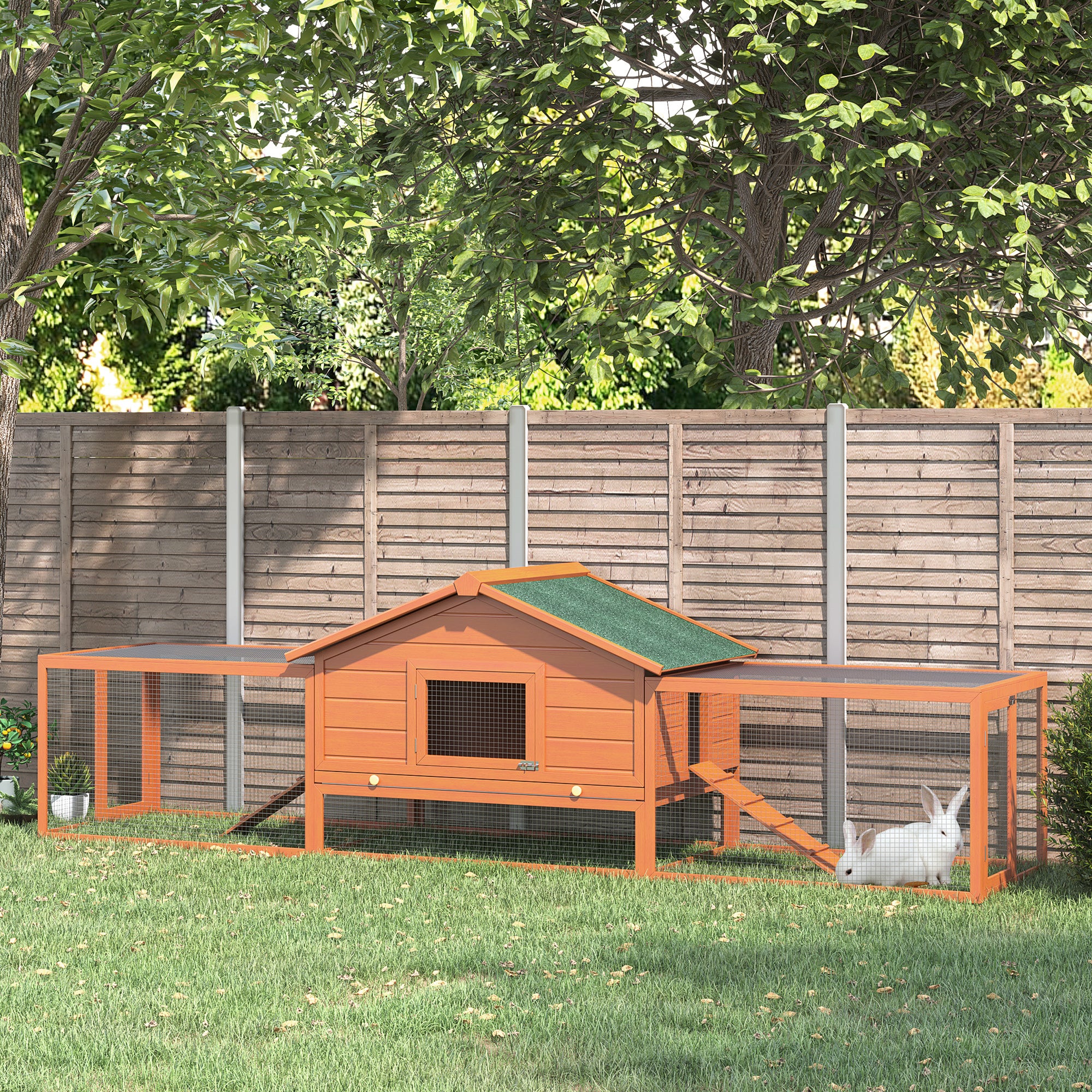 Small Animal Hutch Rabbit Hutch with 2 Enclosures 2 Ramps Small Animal House Small Animal Cage Weatherproof Pine Wood Natural+Green XXL 310 cm