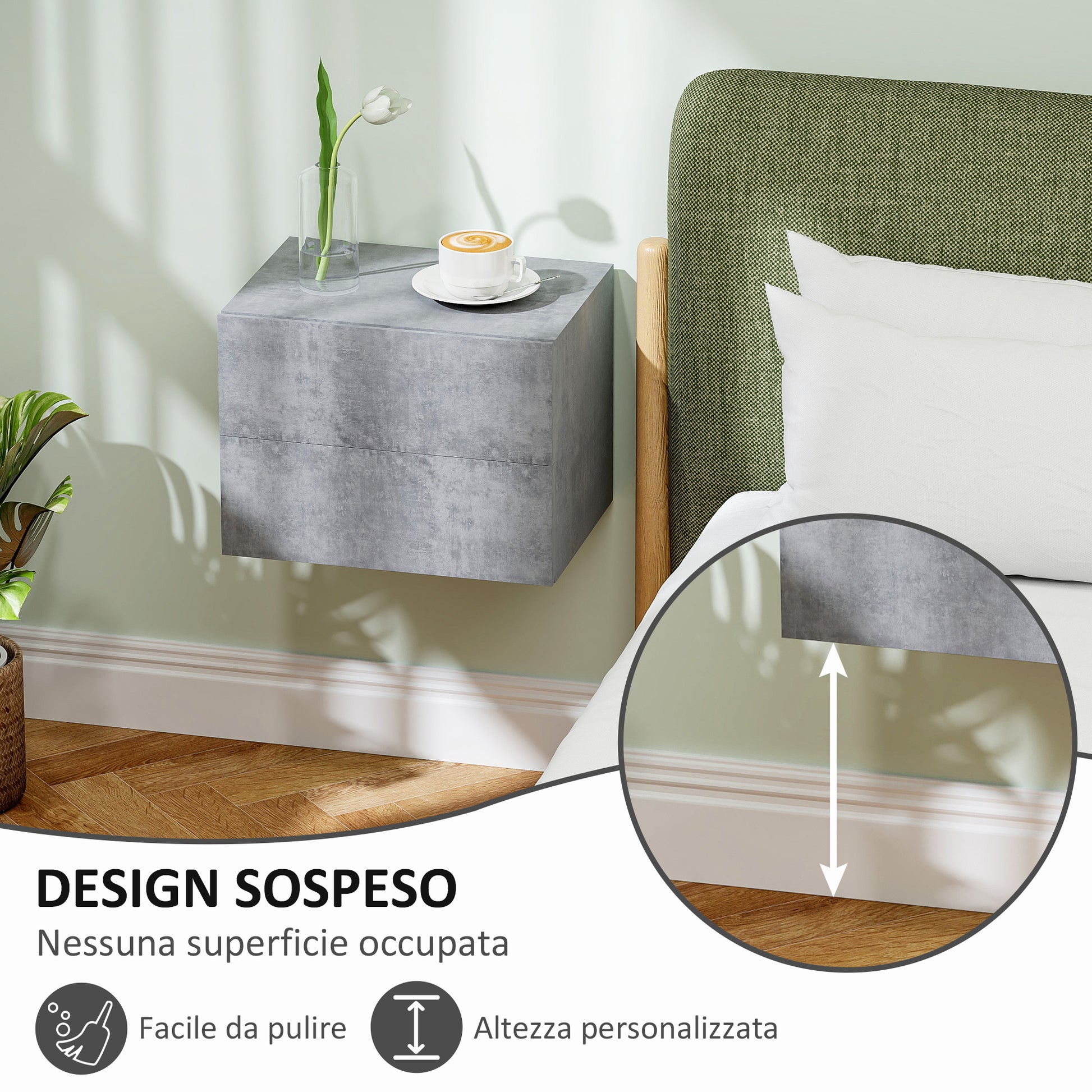 Set of 2 Wall-Mounted Nightstands with 2 Drawers, Bedroom Nightstands, Space-Saving Side Tables for Living Room, 40x29x30 cm, Gray Cement