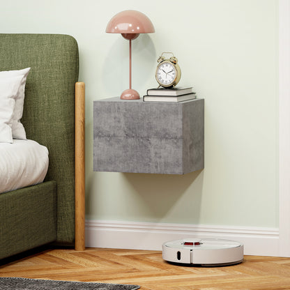 Set of 2 Wall-Mounted Nightstands with 2 Drawers, Bedroom Nightstands, Space-Saving Side Tables for Living Room, 40x29x30 cm, Gray Cement