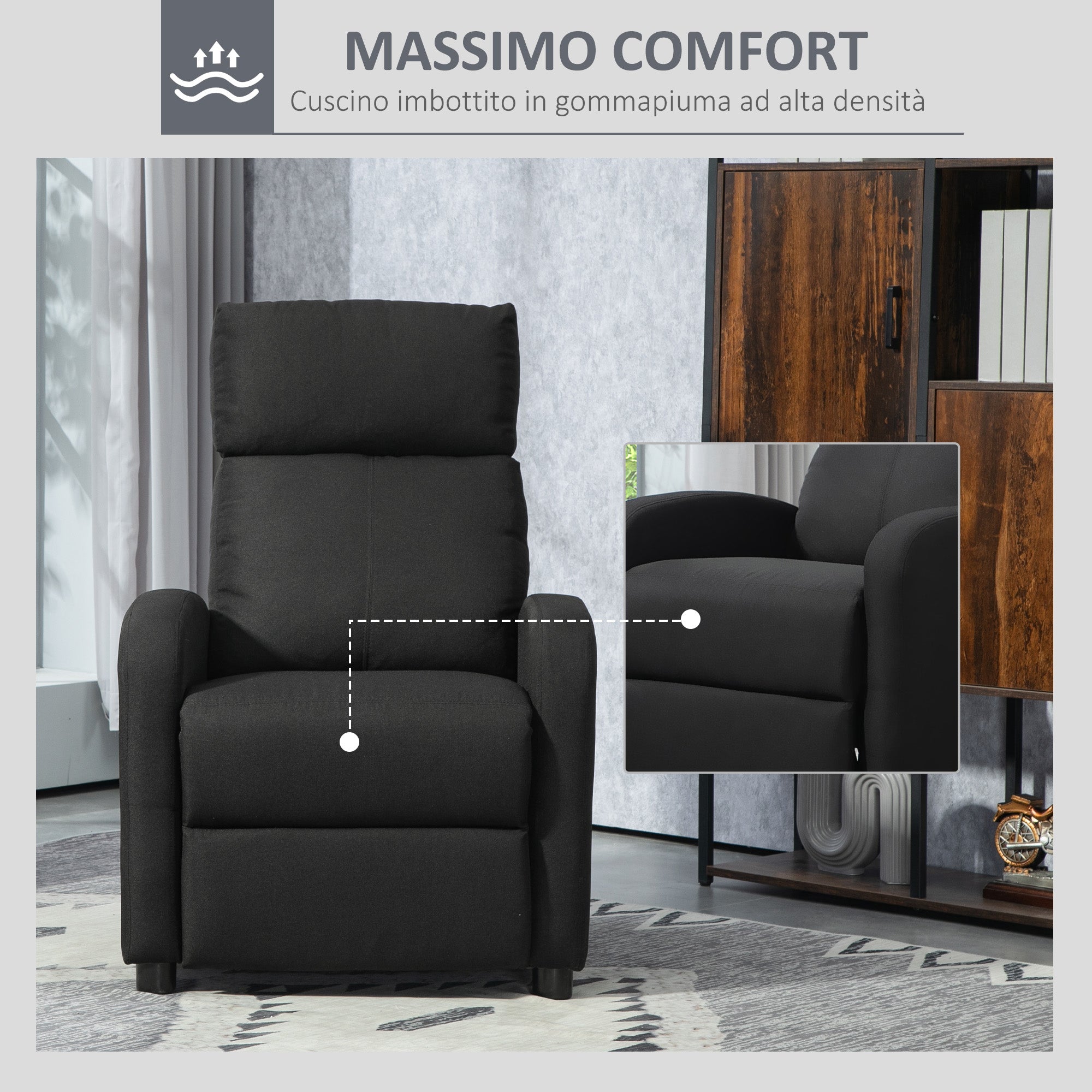 Upholstered Recliner Armchair with 135° Reclining Backrest and Retractable Footrest, in Black Linen, 69x87x100.5cm
