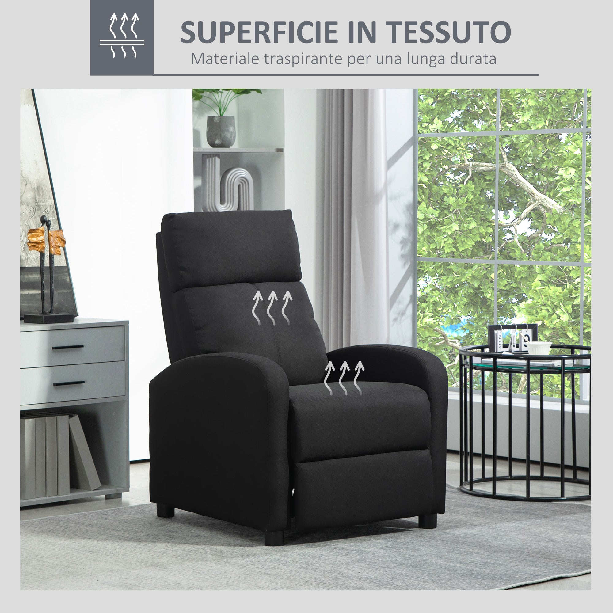 Upholstered Recliner Armchair with 135° Reclining Backrest and Retractable Footrest, in Black Linen, 69x87x100.5cm