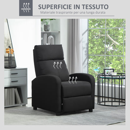 Upholstered Recliner Armchair with 135° Reclining Backrest and Retractable Footrest, in Black Linen, 69x87x100.5cm
