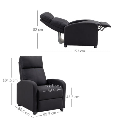 Upholstered Recliner Armchair with 135° Reclining Backrest and Retractable Footrest, in Black Linen, 69x87x100.5cm