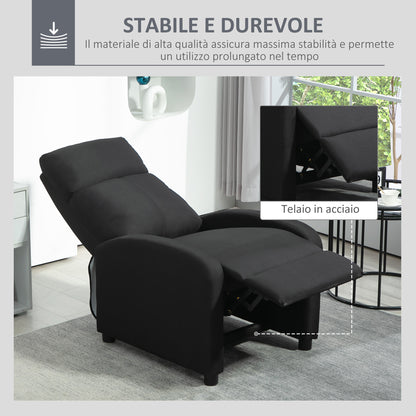 Upholstered Recliner Armchair with 135° Reclining Backrest and Retractable Footrest, in Black Linen, 69x87x100.5cm