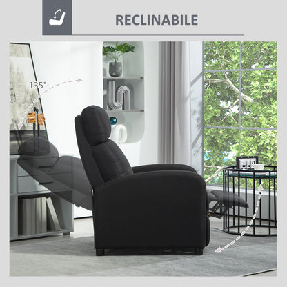 Upholstered Recliner Armchair with 135° Reclining Backrest and Retractable Footrest, in Black Linen, 69x87x100.5cm