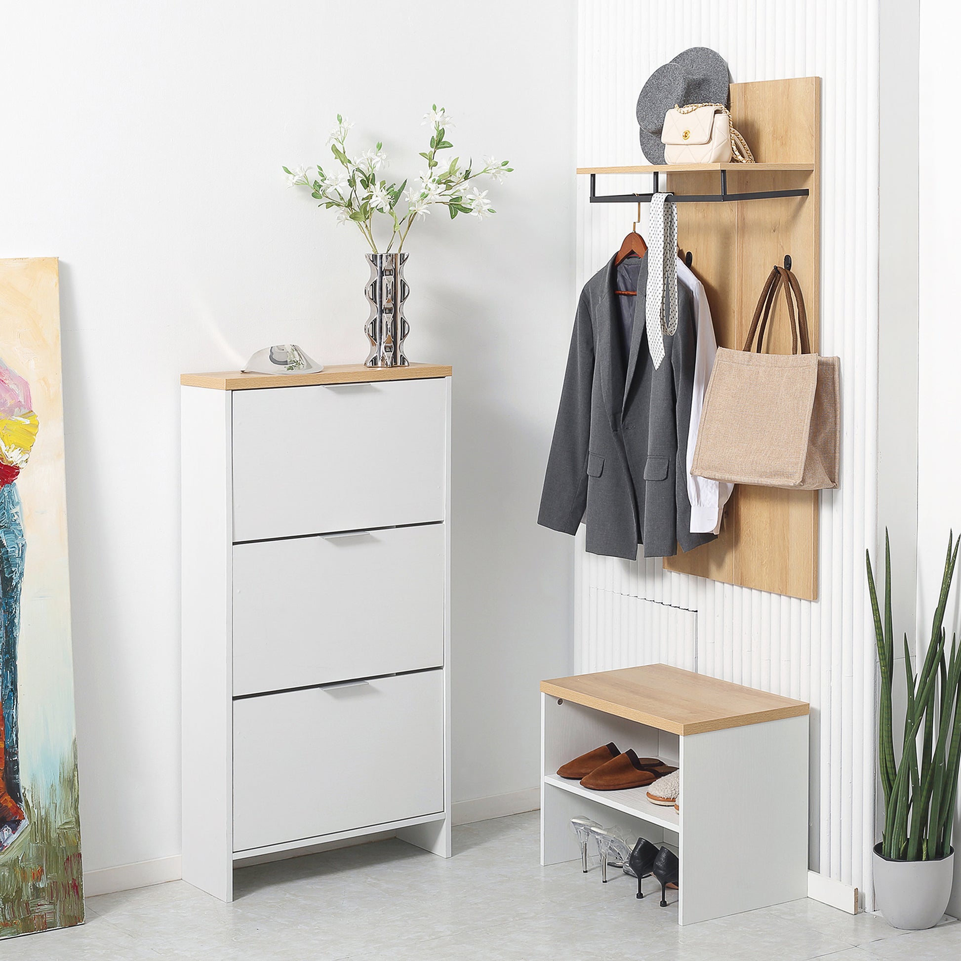 Shoe Cabinet, Shoe Rack, 3 Drop Leaf Doors, Adjustable Shelves, for Entryway, Hallway, 60 x 24 x 120 cm, White