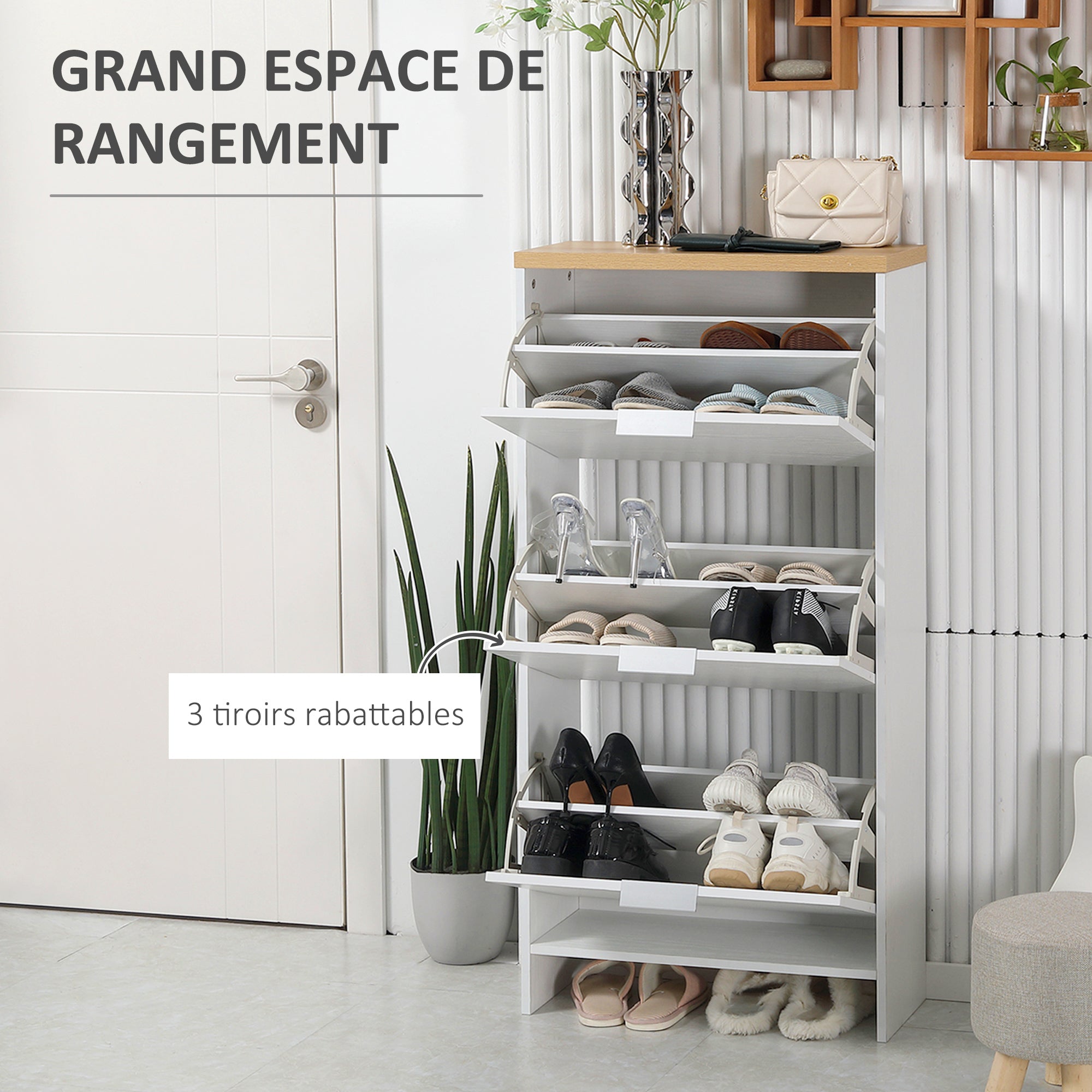 Shoe Cabinet, Shoe Rack, 3 Drop Leaf Doors, Adjustable Shelves, for Entryway, Hallway, 60 x 24 x 120 cm, White