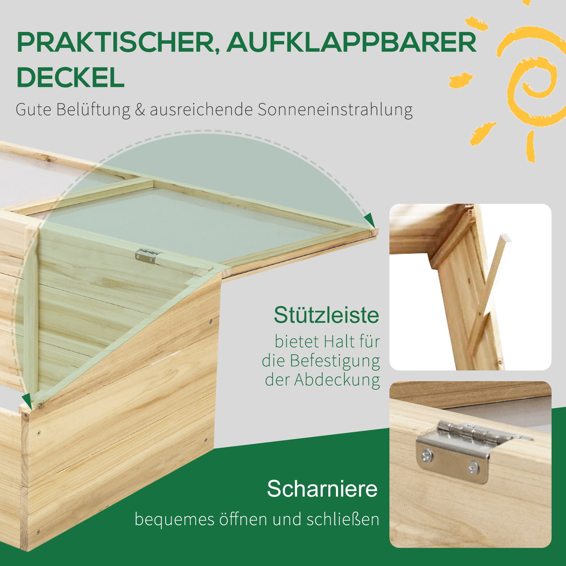 Wooden Greenhouse Cold Frame Planter Box Garden & Planting System for Garden Balcony, 100 x 50 x 35 cm, Natural, Fir Wood, PC Panel