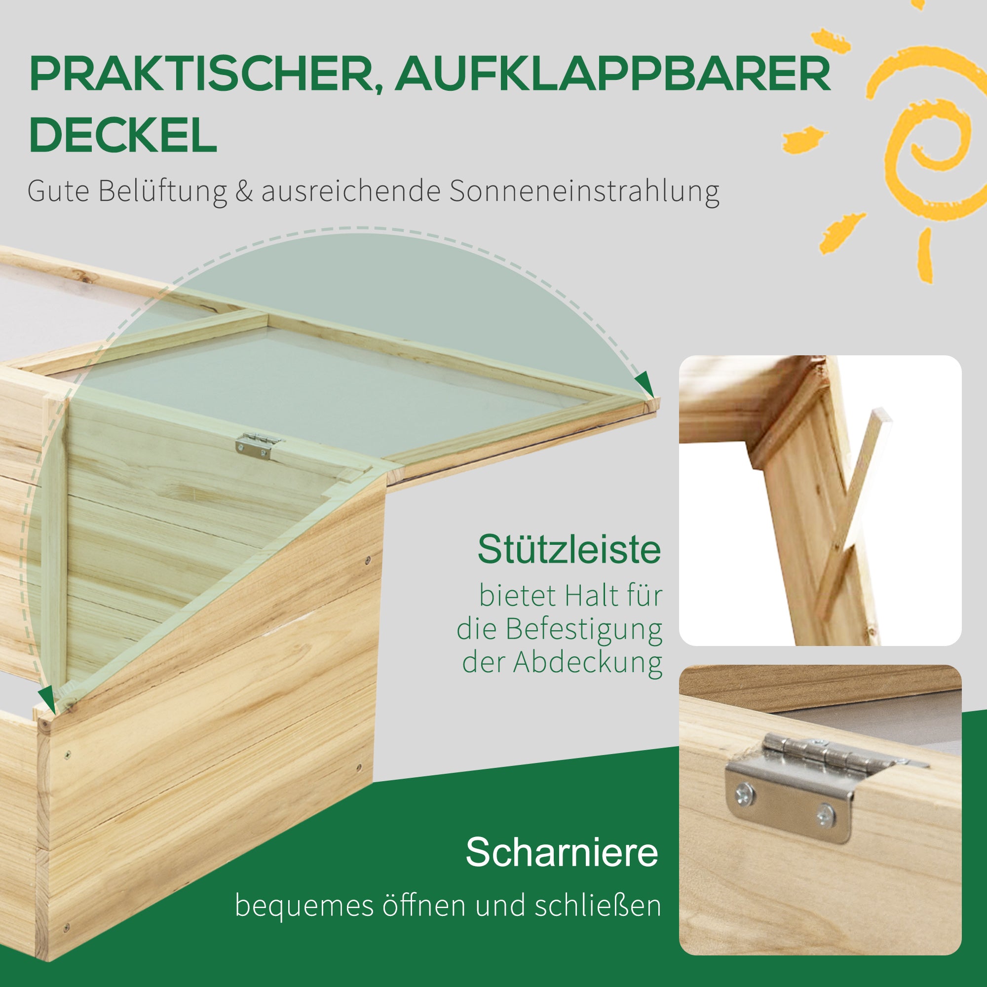 Wooden Greenhouse Cold Frame Planter Box Garden & Planting System for Garden Balcony, 100 x 50 x 35 cm, Natural, Fir Wood, PC Panel