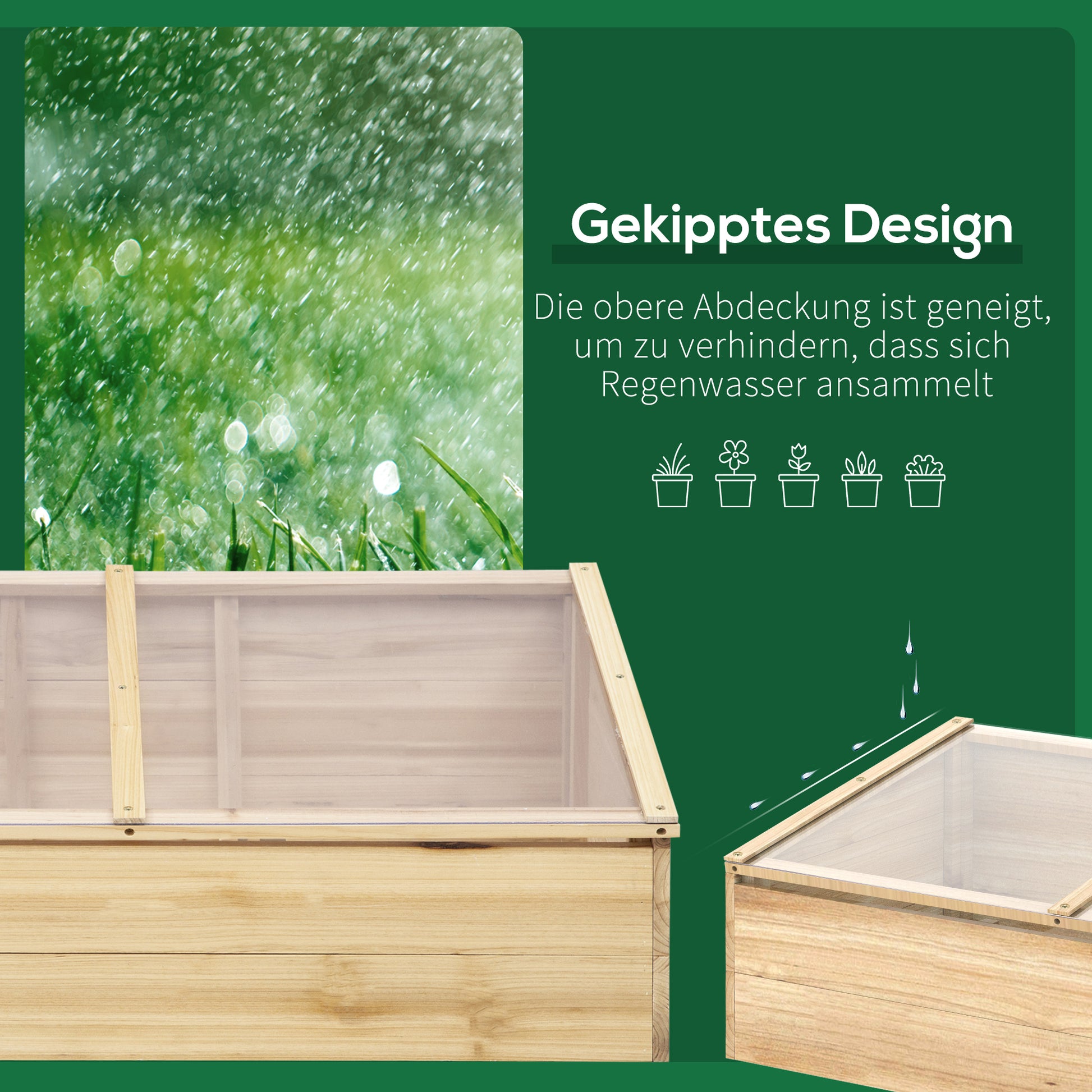 Wooden Greenhouse Cold Frame Planter Box Garden & Planting System for Garden Balcony, 100 x 50 x 35 cm, Natural, Fir Wood, PC Panel