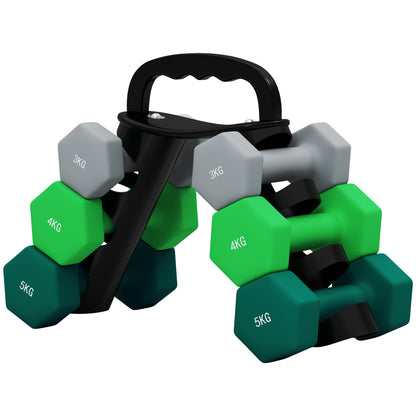 SPORTNOW Dumbbell Set 6 Dumbbells with Foldable Dumbbell Stand, 2 x 3kg, 2 x 4kg, 2 x 5kg Hex Dumbbells, Kettlebell for Fitness, Gymnastics, Home