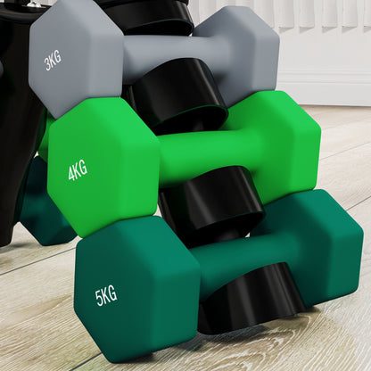 SPORTNOW Dumbbell Set 6 Dumbbells with Foldable Dumbbell Stand, 2 x 3kg, 2 x 4kg, 2 x 5kg Hex Dumbbells, Kettlebell for Fitness, Gymnastics, Home