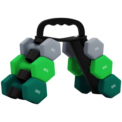 SPORTNOW Dumbbell Set 6 Dumbbells with Foldable Dumbbell Stand, 2 x 3kg, 2 x 4kg, 2 x 5kg Hex Dumbbells, Kettlebell for Fitness, Gymnastics, Home