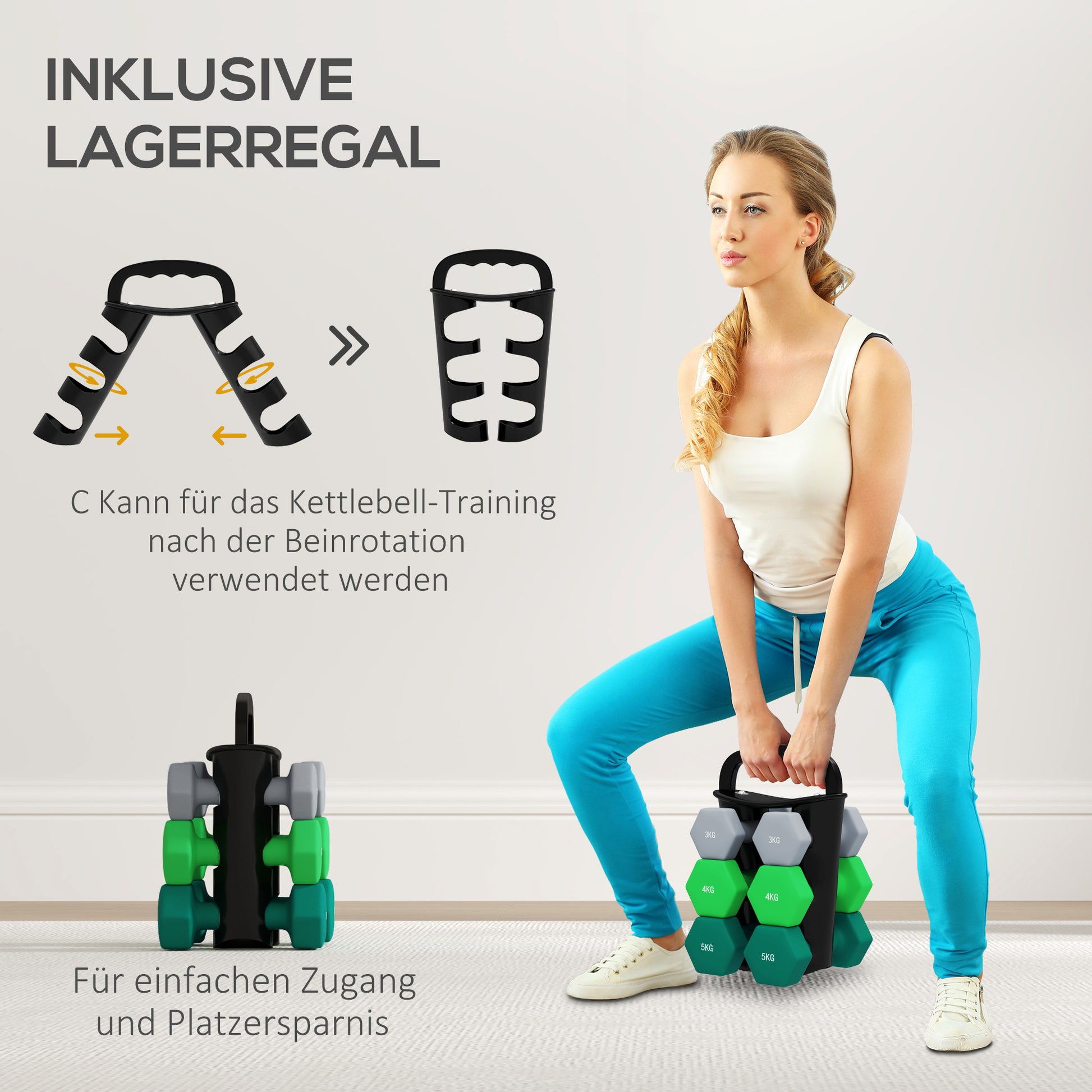 SPORTNOW Dumbbell Set 6 Dumbbells with Foldable Dumbbell Stand, 2 x 3kg, 2 x 4kg, 2 x 5kg Hex Dumbbells, Kettlebell for Fitness, Gymnastics, Home