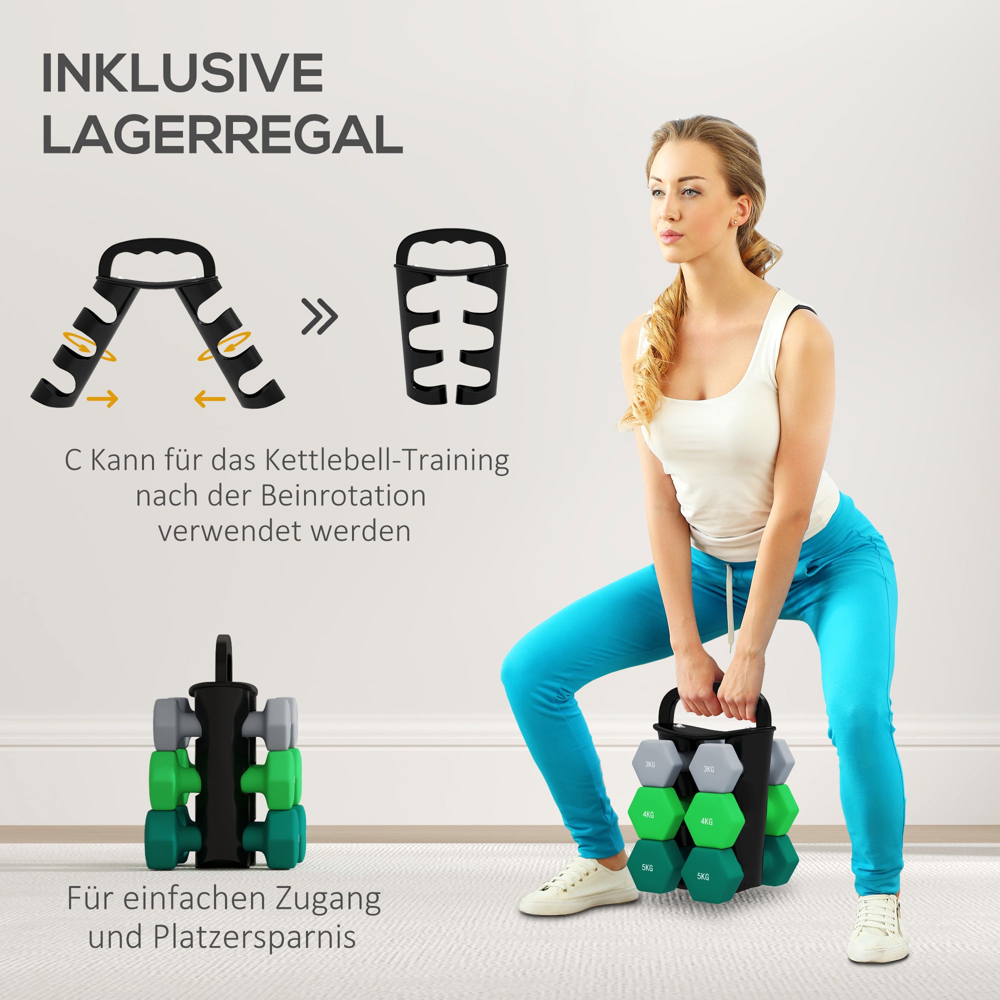SPORTNOW Dumbbell Set 6 Dumbbells with Foldable Dumbbell Stand, 2 x 3kg, 2 x 4kg, 2 x 5kg Hex Dumbbells, Kettlebell for Fitness, Gymnastics, Home