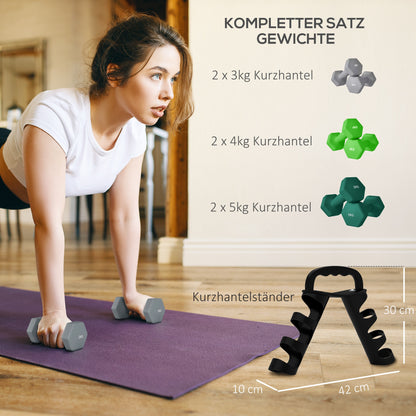 SPORTNOW Dumbbell Set 6 Dumbbells with Foldable Dumbbell Stand, 2 x 3kg, 2 x 4kg, 2 x 5kg Hex Dumbbells, Kettlebell for Fitness, Gymnastics, Home